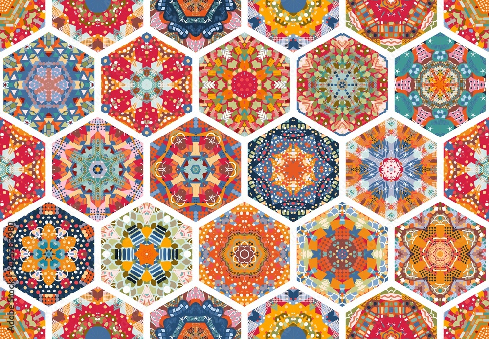 Patchwork seamless pattern with colorful hexagon mandalas and white seams. Vector illustration