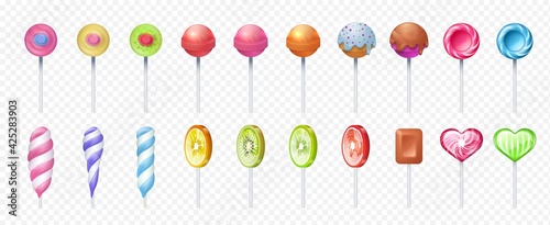 Lollipop. Realistic round and spiral sweet lolly candies. Sugar food on stick. 3D caramel confectioneries on transparent background. Colorful fruit bonbons set. Vector yummy desserts