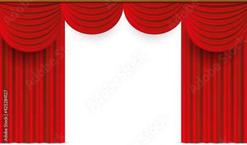 Red curtains. Realistic theater stage drapery. 3D luxury window drapes. Hanging velvet fabric with folds. Decorative cover template, flowing texture. Vector premium interior accessory