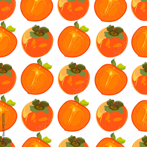 seamless pattern with whole and cut persimmon. location on pattern is regular