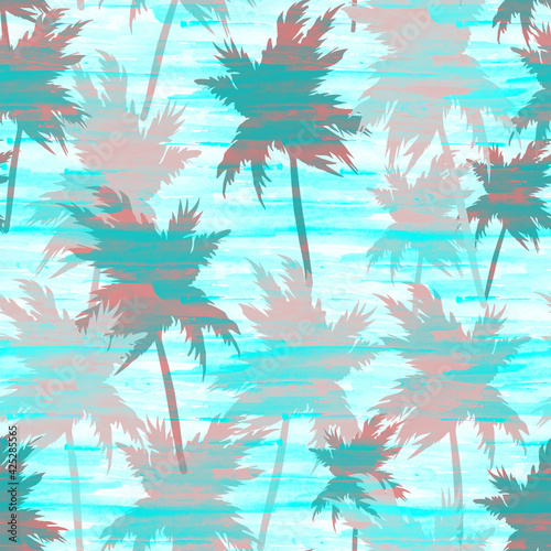 Coconut palms on a blue background. Rainforest tropical seamless pattern. Silhouette of a tree print. 