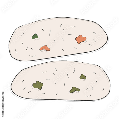 Goat traditional Armenian Adygean white soft cheese with pieces of pepper and greens. Simple icon with food of South Asian countries. Georgian delicacy. Illustration for restaurant menu, recipe book