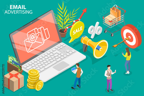 3D Isometric Flat Vector Conceptual Illustration of Email Advertising.