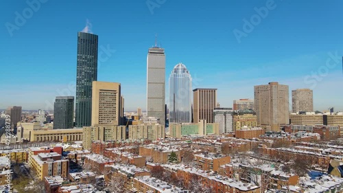 Boston Back Bay skyline aerial view including John Hancock Tower, Prudential Center and One Dalton Boston Building in winter, Boston, Massachusetts MA, USA. 