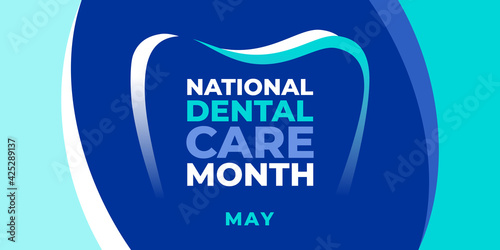 National dental care month. Vector web banner for social media, poster, card, flyer. Illustration with text, toofth logo on blue background.