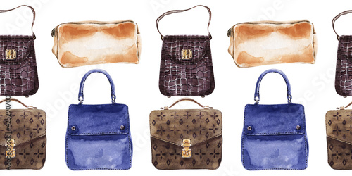 A set of watercolor seamless borders with various women's accessories, shoes and bags
