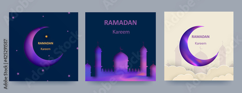 Ramadan Kareem set of posters or invitations with 3d paper cut islamic lanterns, stars and moon on blue and light background. Vector
