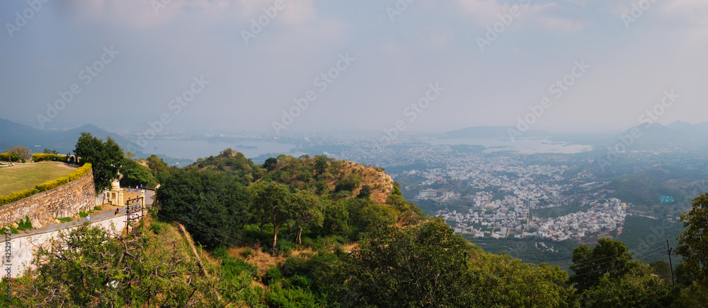 View of Udaipur and Lake Pichola from Monsoon Palace. Udaipur, Rajasthan, India