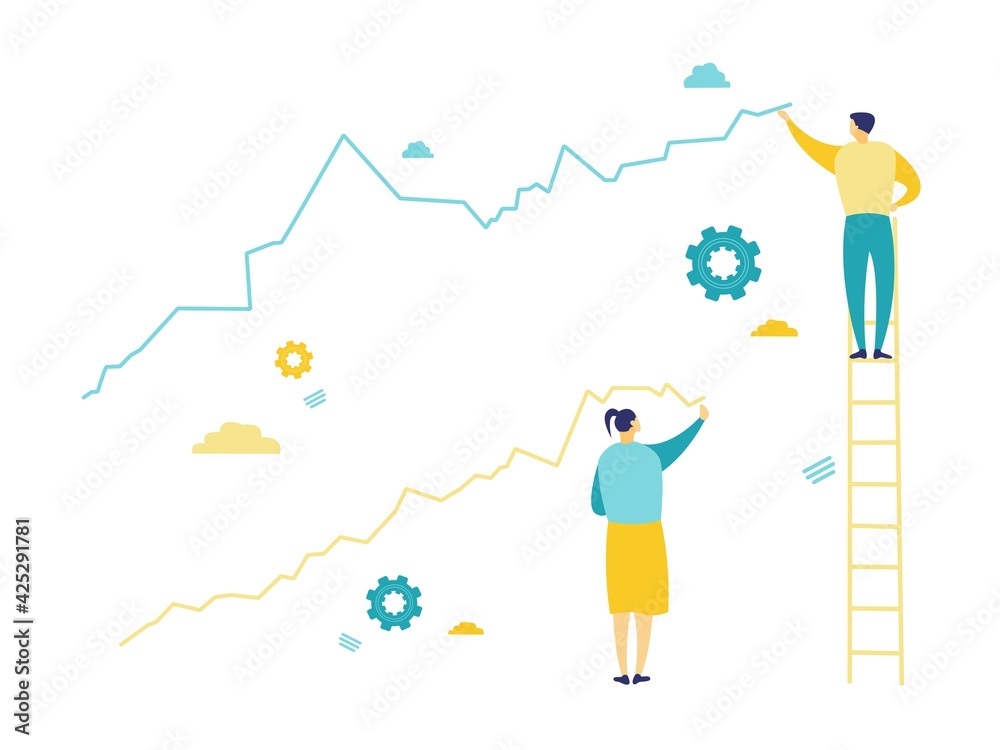 Flat illustration of a businessman standing on a ladder, drawing a blue graphic and a woman drawing a yellow chart. Simple illustration in yellow and blue. Business and finance concepts. Flat illustration of a businessman standing on a ladder, drawing a blue graphic and a woman drawing a yellow chart. Simple illustration in yellow and blue. Business and finance concepts.