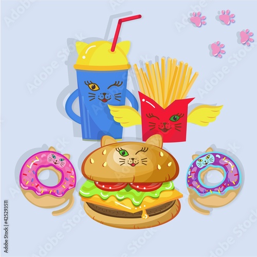 Set (theme: cats): juice glass, fries, donuts and hamburger.