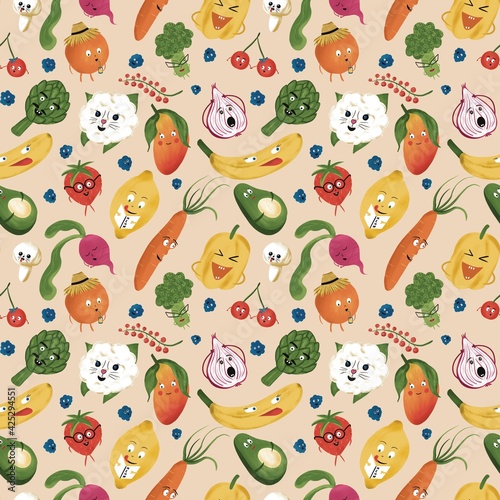 Hand drawn cute and funny vegetables and fruit pattern