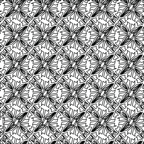  Geometric vector pattern with triangular elements. Seamless abstract ornament for wallpapers and backgrounds. Black and white colors. 