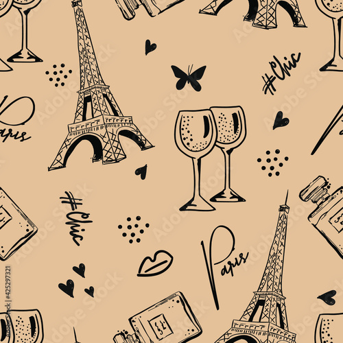 Canvas Print Romantic doodle seamless Paris  pattern