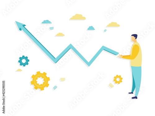Flat illustration of huge red line graph with an upturned arrow growing from a businessman hands generating success. Beautiful illustration with blue and yellow. Business and finance concepts.
