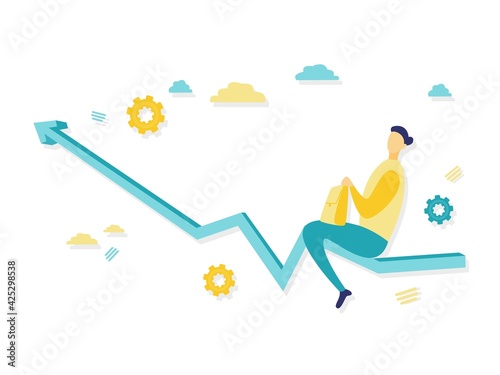 Flat illustration, concept of anti crisis with businessman that tames statistics diagram with blue chart. Beautiful illustration with blue and yellow. Business and finance concepts.