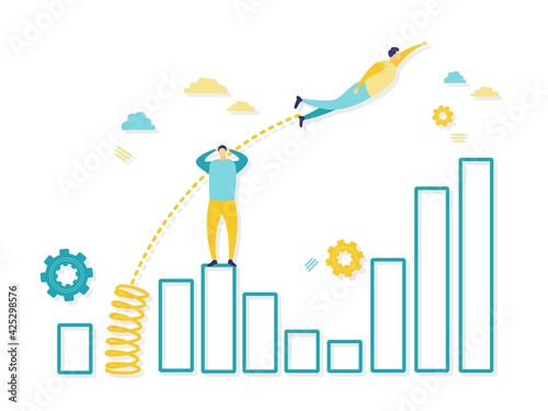 Photos Flat illustration of a businessman outperforming his competition jumping over with a bar chart