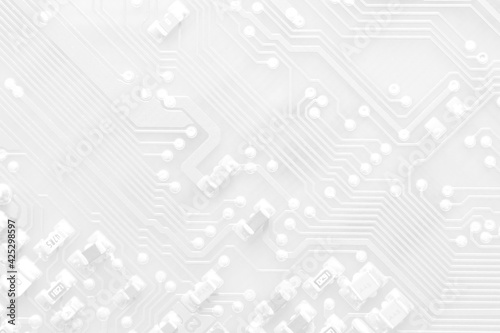 White texture background of printed circuit board. Computer technology background. Information tech. Space for text. Gray scale pcb background.