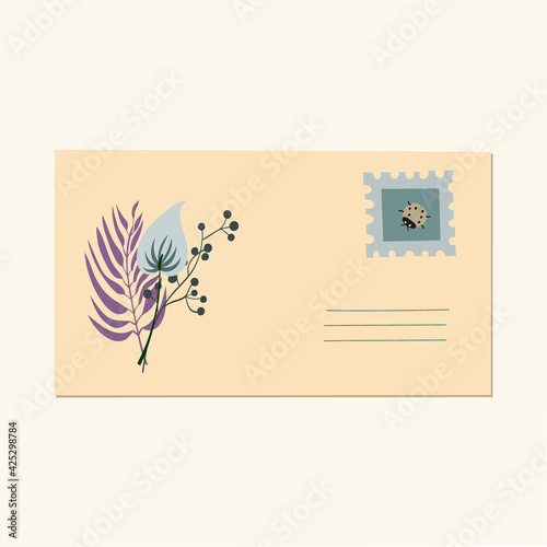 Composition of abstract flowers and postal envelope,  hand drawn. Use for packaging, wallpaper, poster, room interior decor,  postcard, concept, clipart, vector