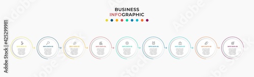 Vector Infographic design business template with icons and 9 options or steps. Can be used for process diagram, presentations, workflow layout, banner, flow chart, info graph
