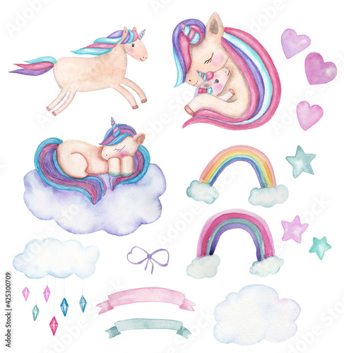 A set of watercolor hand painted elements unicorns, hearts, stars, clouds, rainbow isolated on white background.