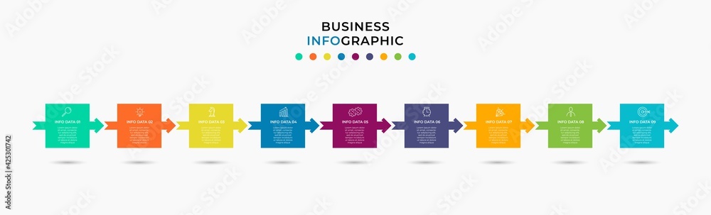 Vector Infographic design business template with icons and 9 options or steps. Can be used for process diagram, presentations, workflow layout, banner, flow chart, info graph