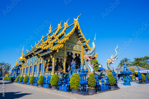 Beautiful of blue temple Wat Rong Sua Ten the amazing temple. photo