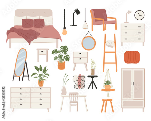 Set of stylish scandinavian bedroom interior. Modern scandinavian bed, wardrobe, mirror, night stand, plant, lamp, home decorations.