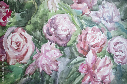 Fototapeta Naklejka Na Ścianę i Meble -  Watercolor painting texture background. Pink flowers with green leaves. Peonies in summer garden beautiful artwork.