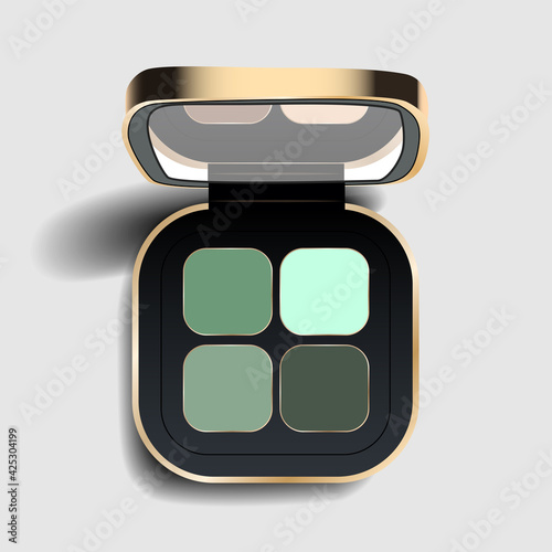 Realistic eyeshadow palette. Eyeshadow package for nude makeup green tones. Eye beauty cosmetic product containers. Vector illustration isolated on a light background.