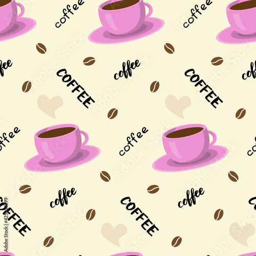 Vector seamless pattern with coffee cup, lettering and beans. Beautiful print in pastel tones. Background for textile, clothes, coffee shops, cafe and decor. Cute illustration