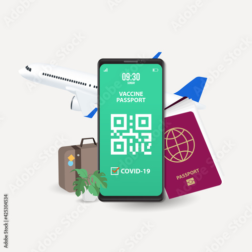 a passport and a smart phone with a certificate of vaccination against the Covid-19 disease. focus on the smart phone. Health Passport concept. travel the world.