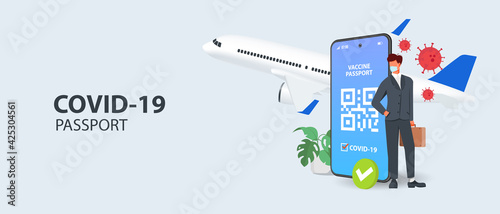 The digital pass of the european union with the QR code on the screen of a mobile background. Immunity from Covid-19. Travel without restrictions.