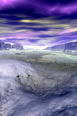 Deken met foto Pantone 2022 very peri Alien Planet. Mountain and lake. 3D rendering  © Pavel Parmenov