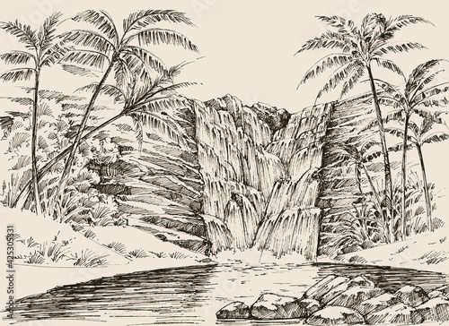 Tropical waterfall hand drawing, palm trees on shore of the river
