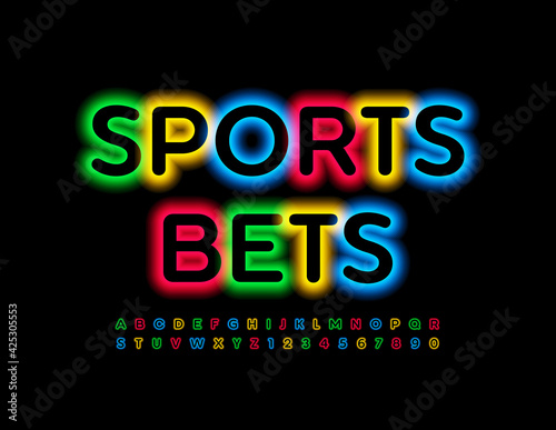 Vector neon sign Sports Bets. Colorful glow Font. Illuminated Bright Alphabet Letters and Numbers set