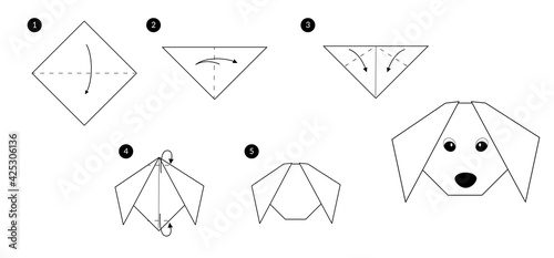  Instructions how to make origami dog head. Black line monochrome step by step illustration isolated on white.