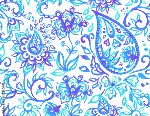 Paisley watercolor floral pattern tile: flowers, flores, tulips, leaves. Oriental indian traditional hand painted water color whimsical seamless print, ceramic design. Abstract india batik background