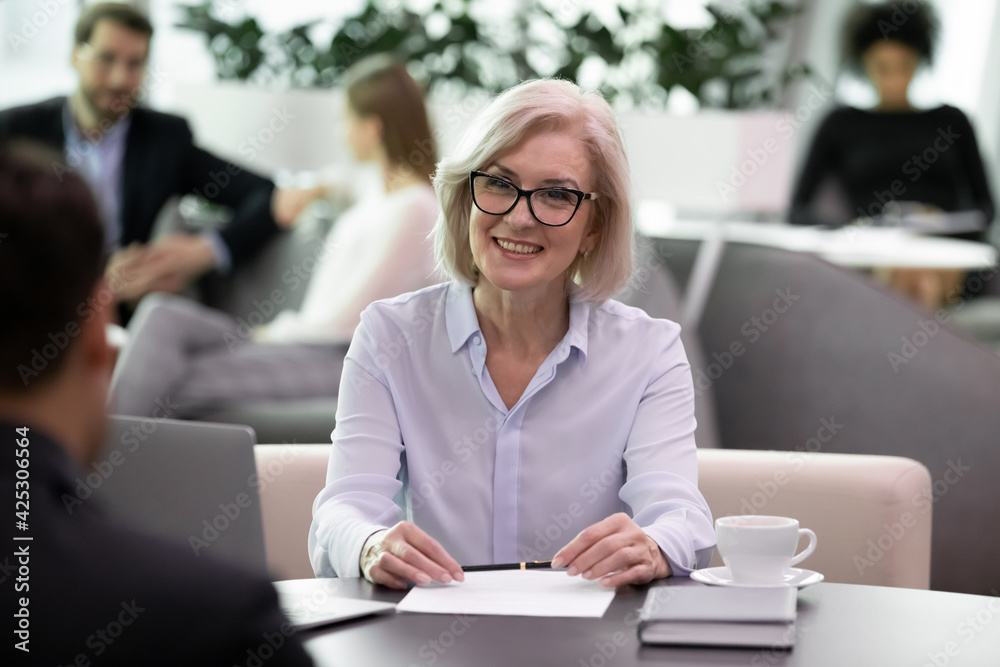Smiling middle-aged Caucasian businesswoman talk with male applicant or candidate at job interview in office. Happy confident mature female boss or CEO have meeting with business partner or client. Smiling middle-aged Caucasian businesswoman talk with male applicant or candidate at job interview in office. Happy confident mature female boss or CEO have meeting with business partner or client.