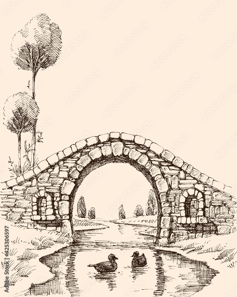 Old stone bridge over river vector illustration