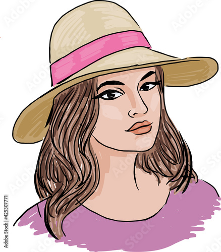 Freehand drawing of portrait young pretty fictional woman in hat