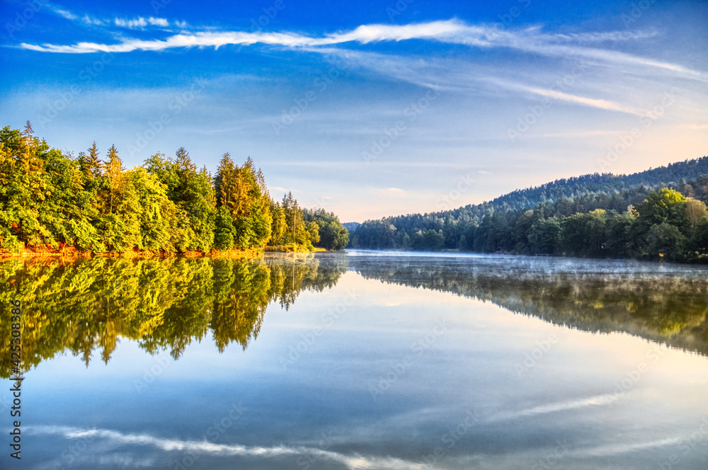 View at lake Dreiburgensee near Tittling, bavarian forest, after sunrise