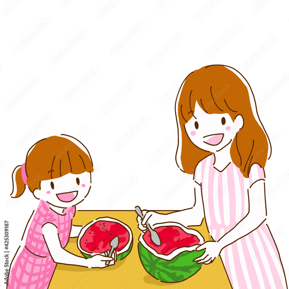 仲良くスイカ割りをしたスイカを食べる小学生の姉妹のかわいい線画イラスト 仲良くスイカ割りをしたスイカを食べる小学生の姉妹のかわいい線画イラスト