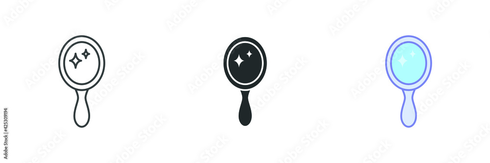 mirror icon filled, outline, line style. Beauty hand mirror glass portable. glossy shine frame. Handle crown mirror princess decoration accessory Vector illustration design on white background. EPS 10