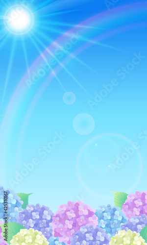 青空と虹とあじさいと日差しが眩しい雨上がりのベクターイラスト背景(風景)