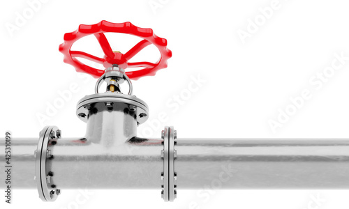3D render glossy metal pipe with red valve isolated on a white background.Illustration of a digital image for industrial.