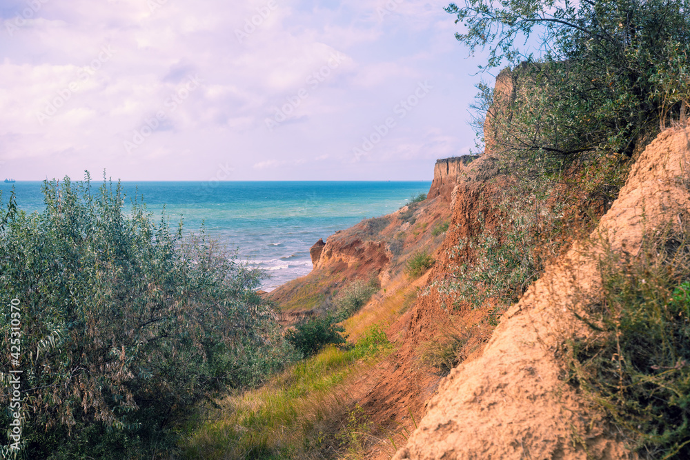 Fototapeta premium Seascape with steep clay bank. Seashore on a cloudy day