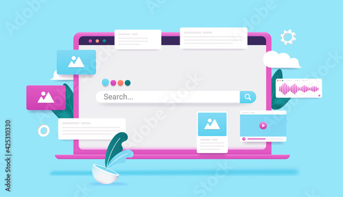 Internet search on screen - Searching media and information in browser on pink laptop computer. Editable 3d vector illustration.