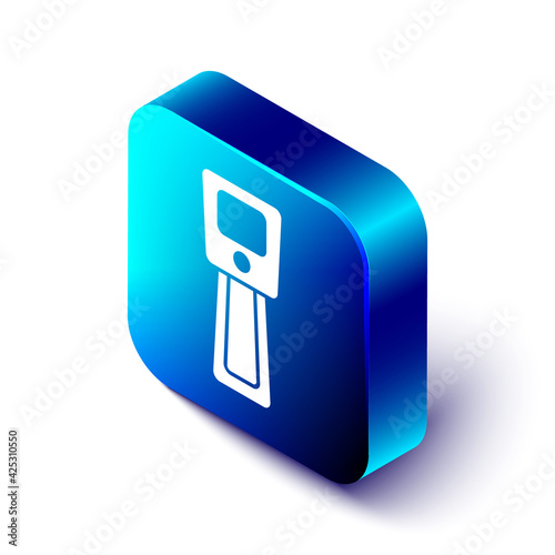 Isometric Digital contactless thermometer with infrared light icon isolated on white background. Blue square button. Vector
