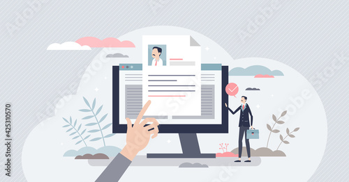 Job description and work duties and tasks information tiny person concept photo