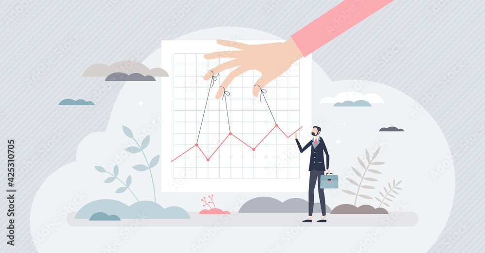 Manipulating market and control stocks with master power tiny person concept Manipulating market and control stocks with master power tiny person concept